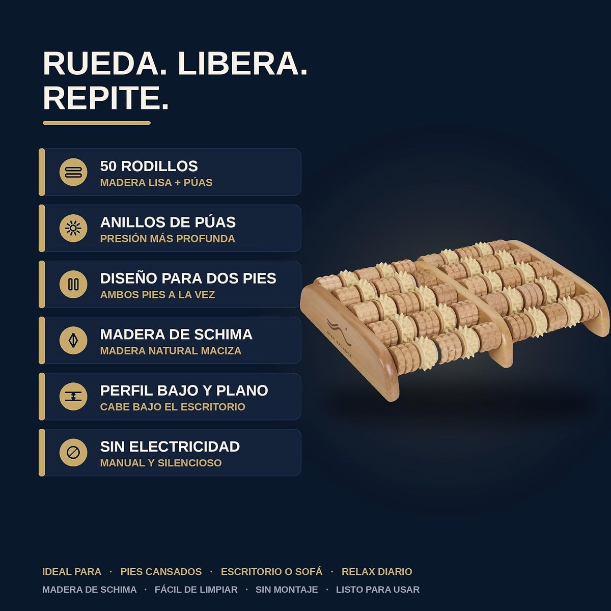 Step Balance Rodillo de pies de madera ReflexRoll, infografía: características principales