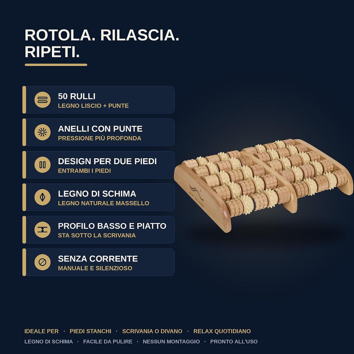 Step Balance Rullo per piedi in legno ReflexRoll, infografica: caratteristiche principali