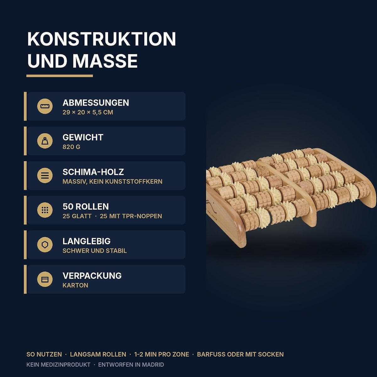 Step Balance ReflexRoll Fußroller aus Holz, Infografik: Konstruktion und Maße
