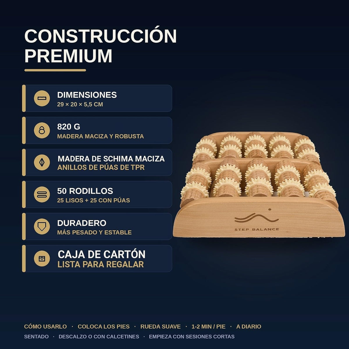 Step Balance Rodillo de pies de madera ReflexRoll, infografía: construcción y medidas