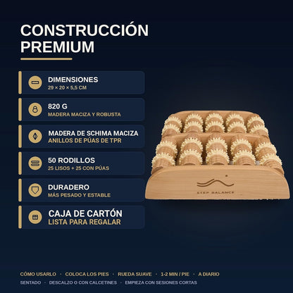 Step Balance Rodillo de pies de madera ReflexRoll, infografía: construcción y medidas