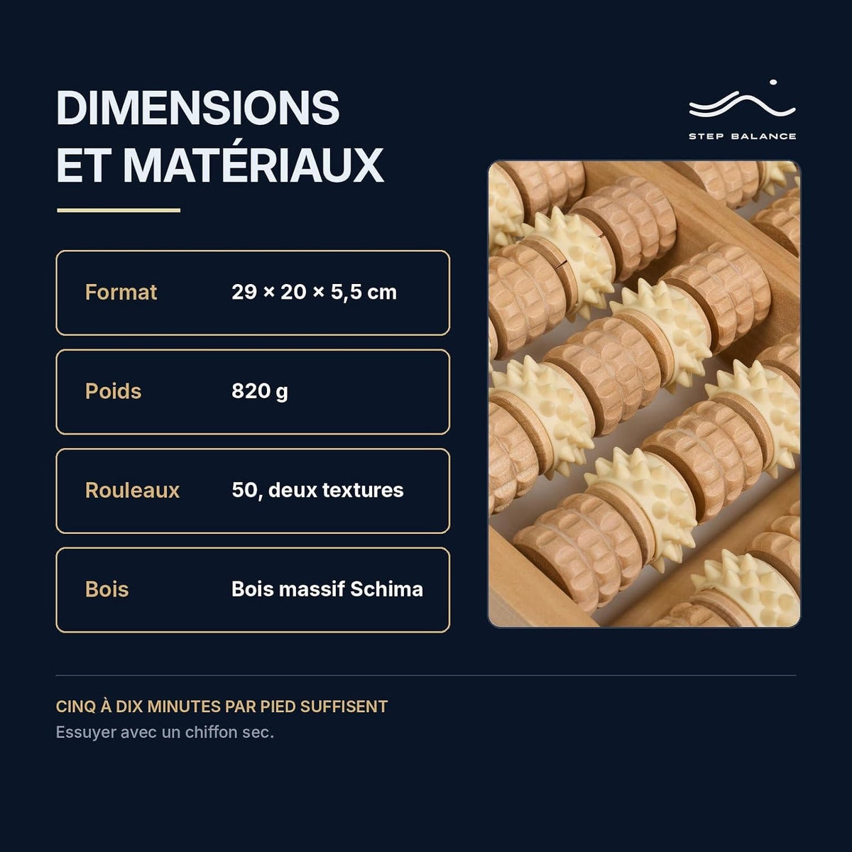 Step Balance Rouleau de massage en bois pour les pieds ReflexRoll, infographie : caractéristiques techniques