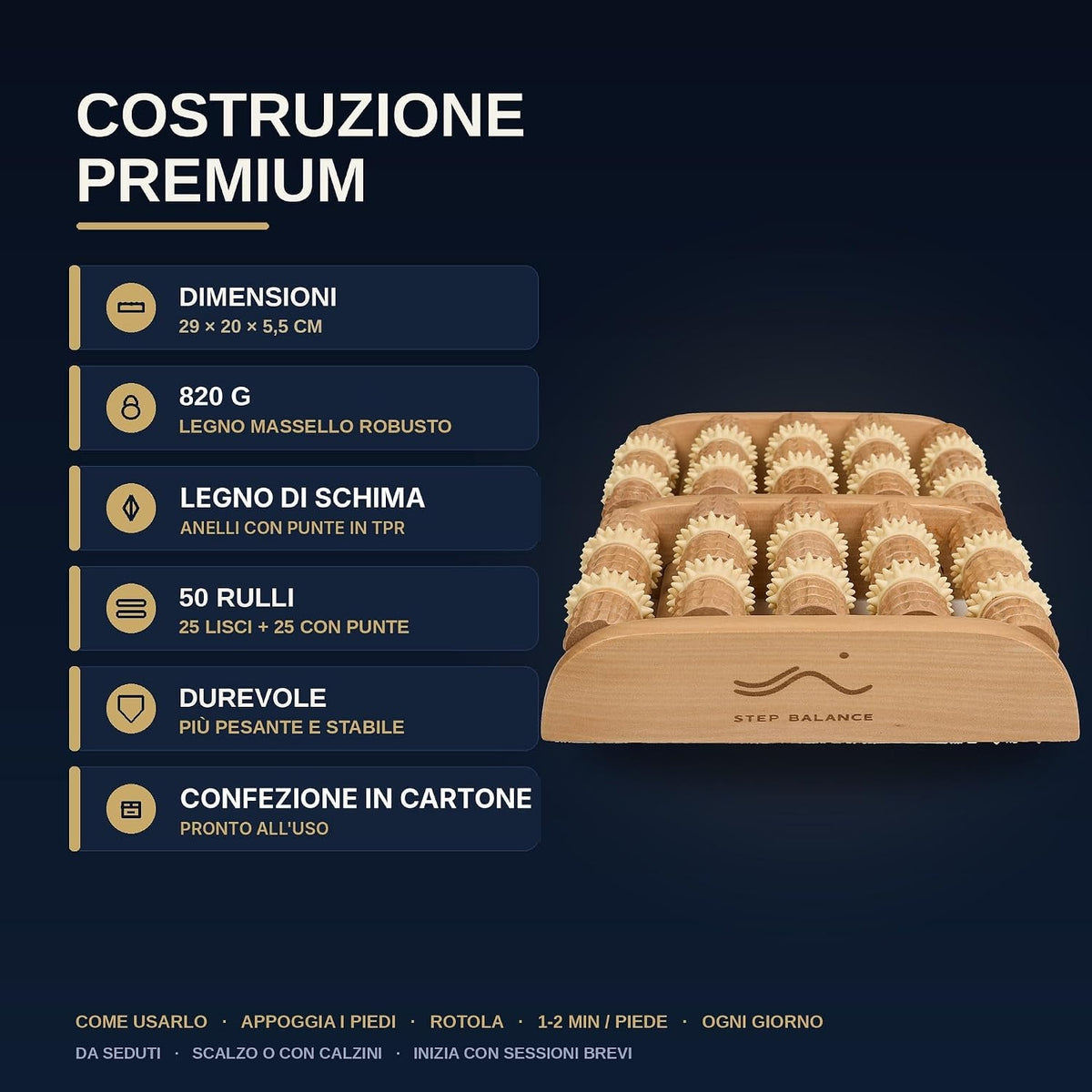 Step Balance Rullo per piedi in legno ReflexRoll, infografica: costruzione e misure