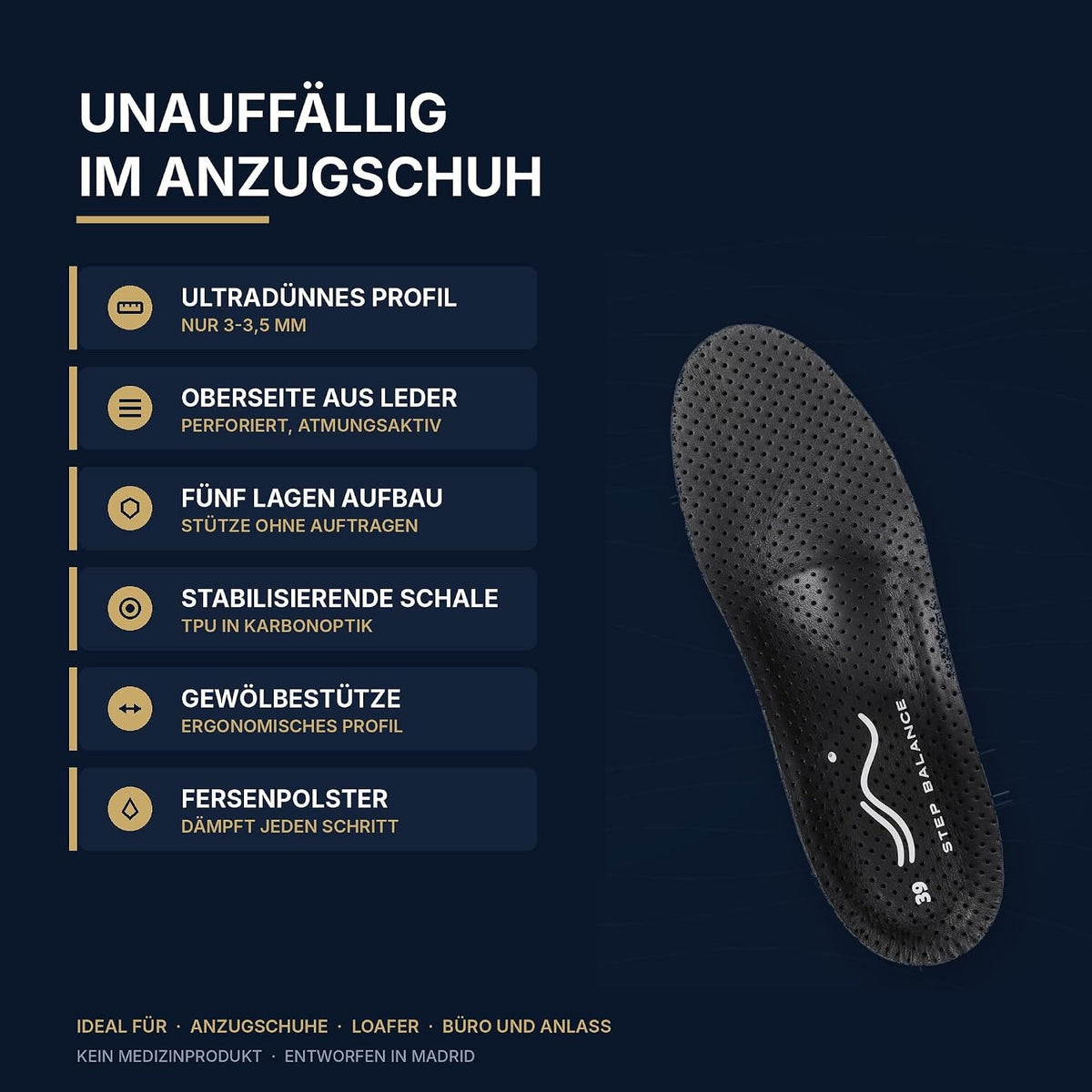 Step Balance Slim Fit Einlegesohlen, Infografik: die wichtigsten Merkmale