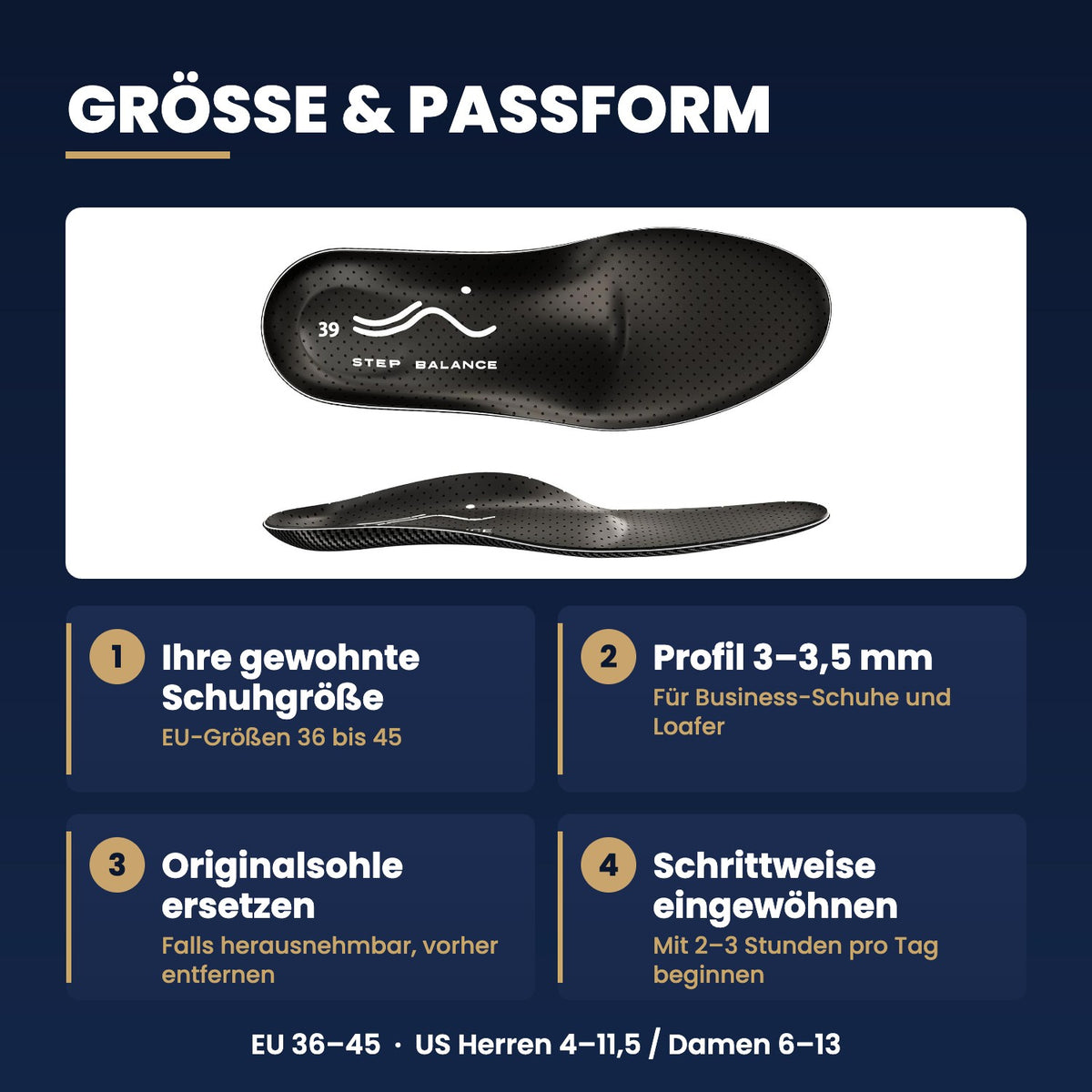 Step Balance Slim Fit Einlegesohlen, Infografik: Größe und Passform