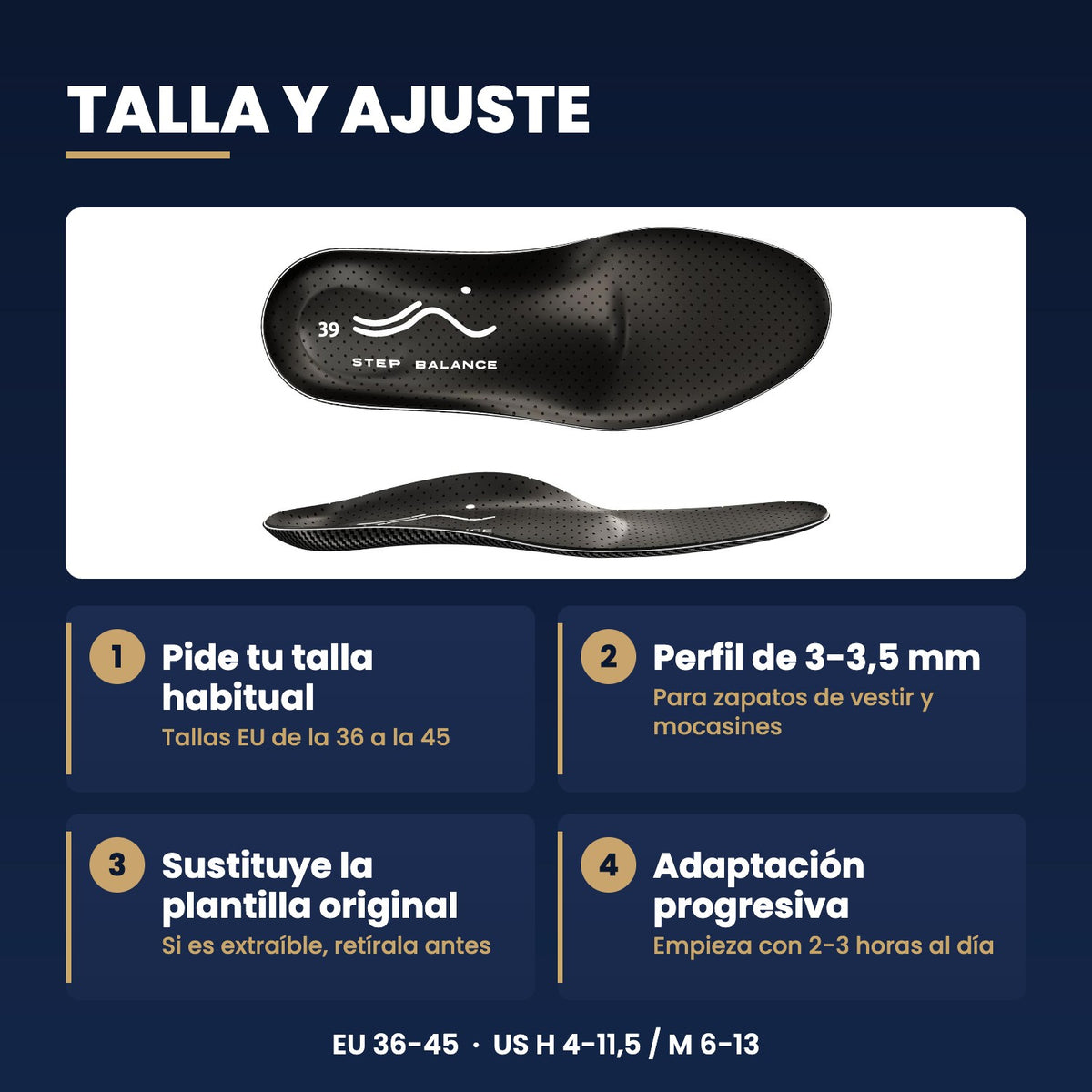 Plantillas Step Balance Slim Fit, infografía: guía de tallas