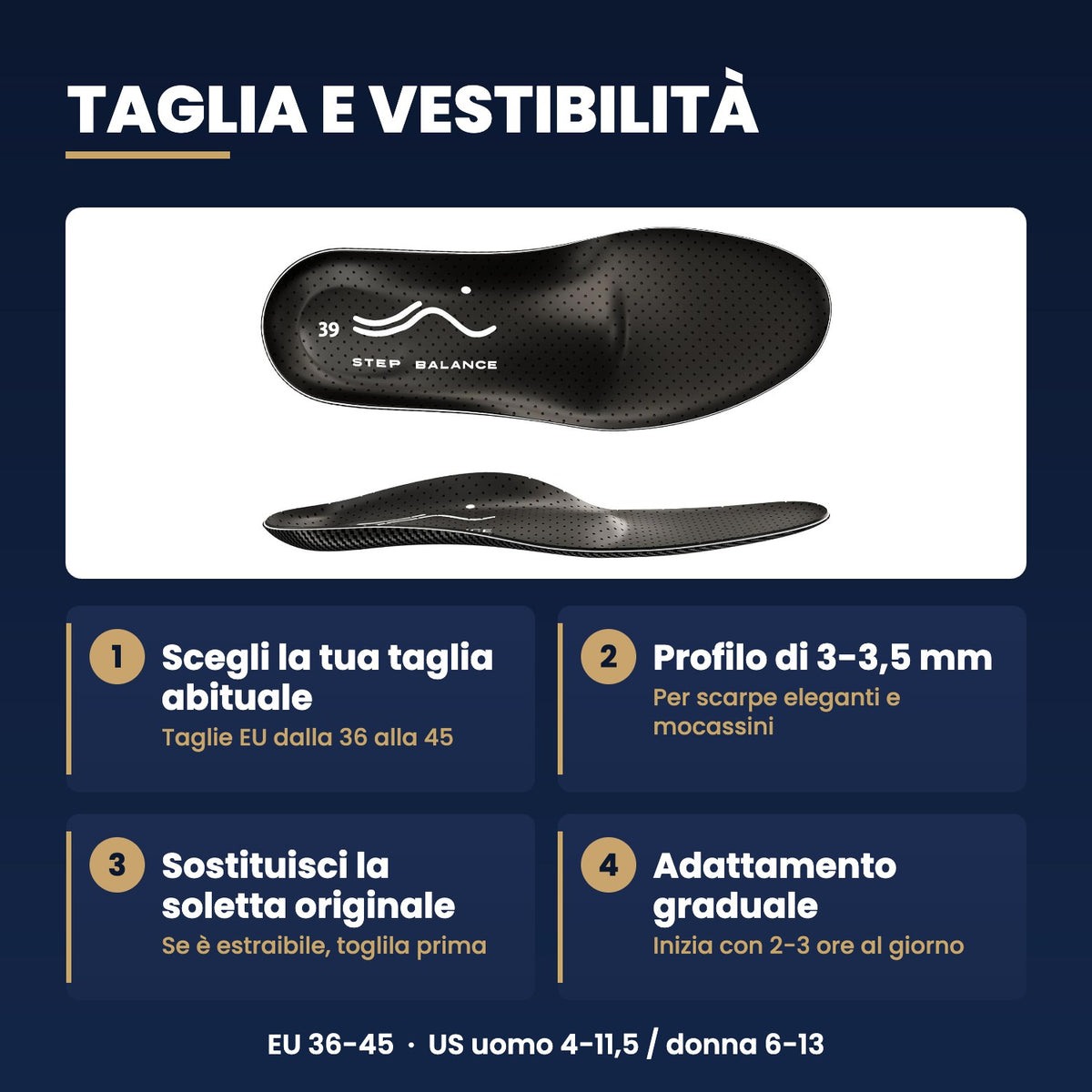 Solette Step Balance Slim Fit, infografica: guida alle taglie