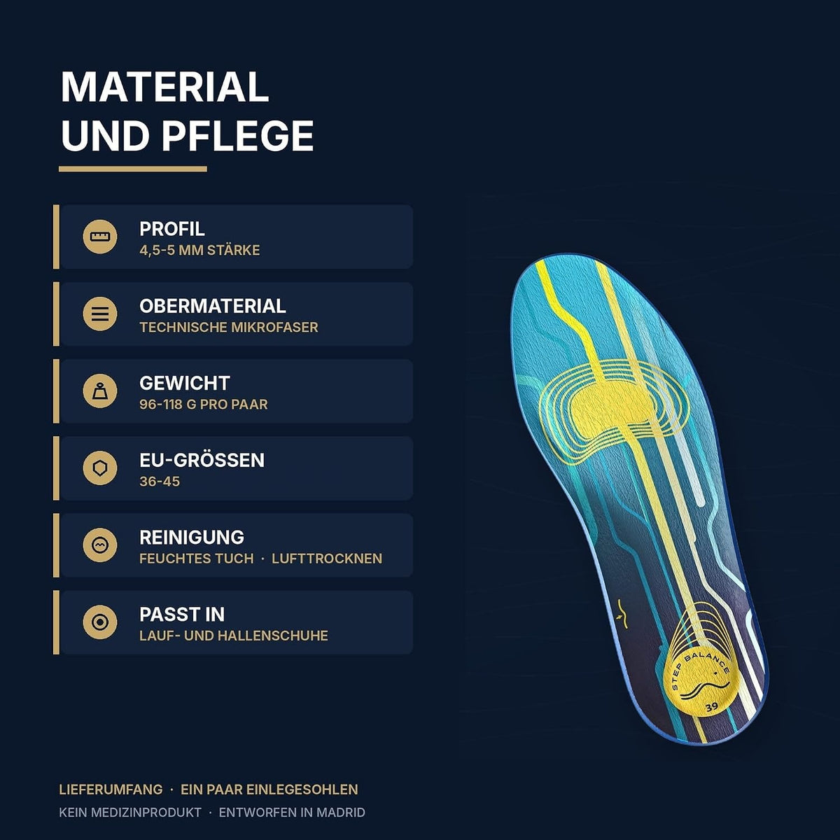 Step Balance Sports Performance Einlegesohlen, Infografik: Material und Pflege