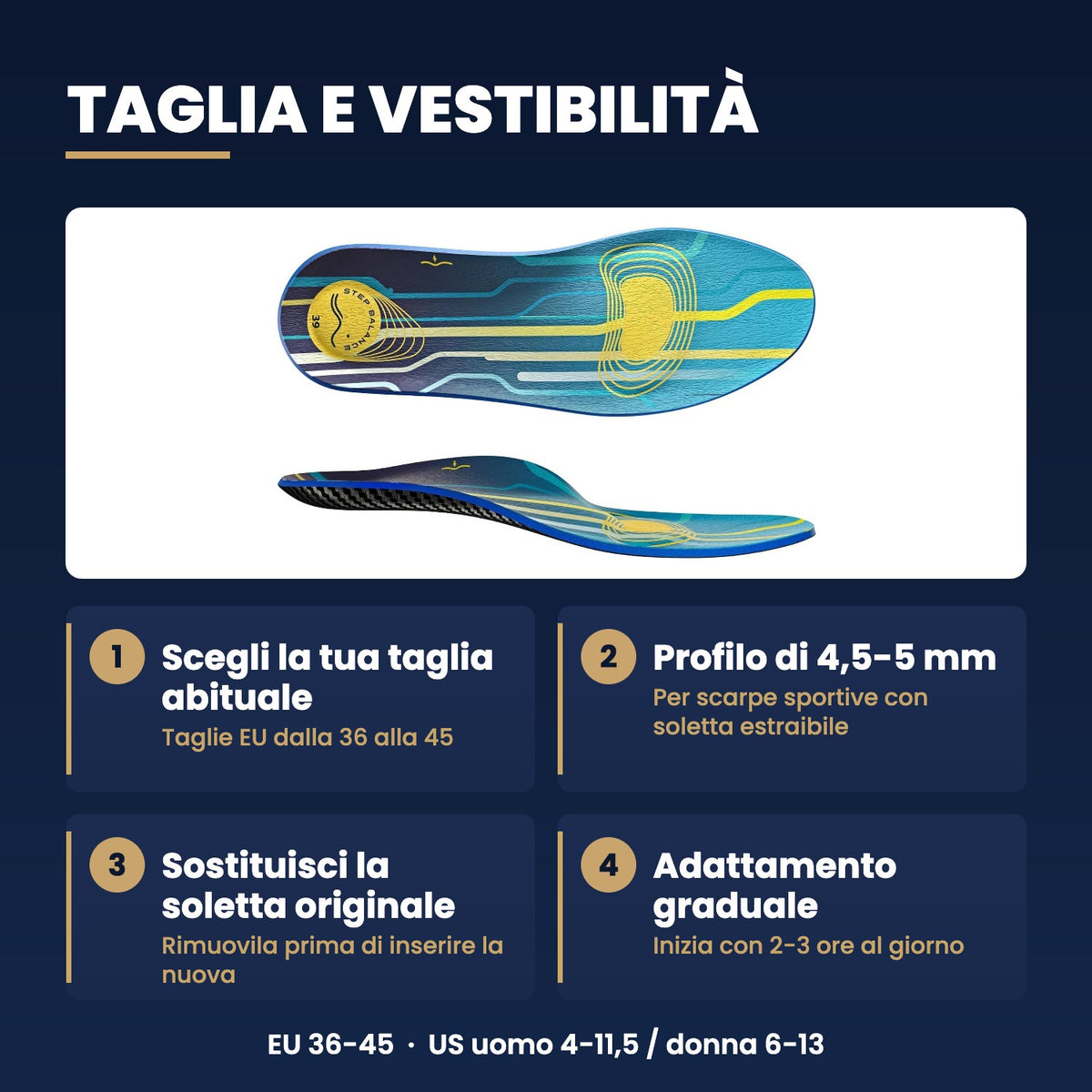 Solette Step Balance Sports Performance, infografica: guida alle taglie