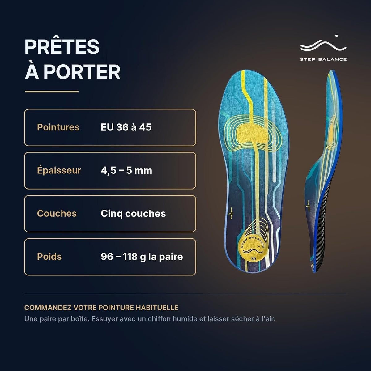 Step Balance Semelles Sports Performance, infographie : caractéristiques techniques