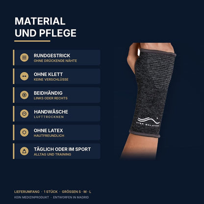Step Balance Handgelenkbandage, Infografik: Material und Pflege