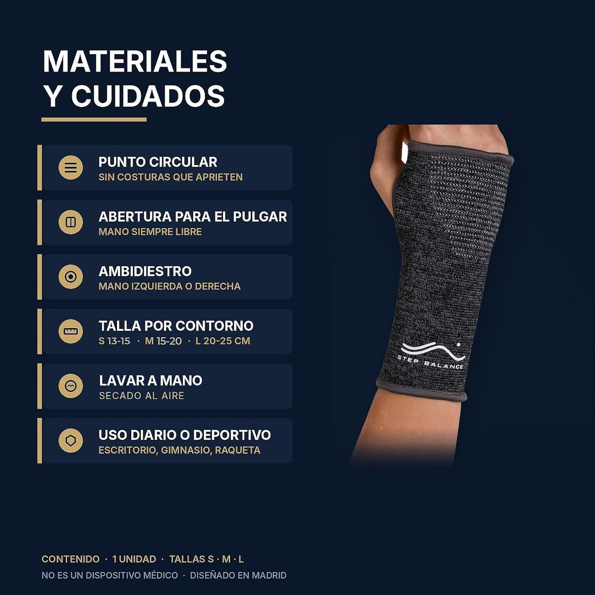 Step Balance Muñequera de compresión, infografía: materiales y cuidados