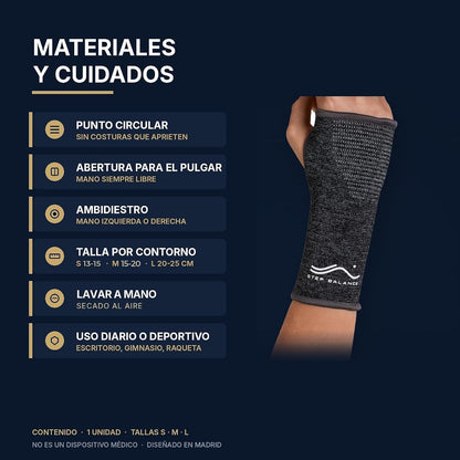 Step Balance Muñequera de compresión, infografía: materiales y cuidados