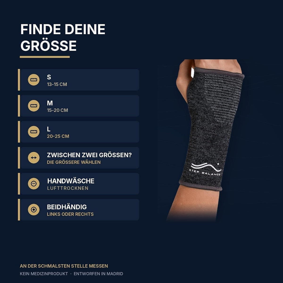 Step Balance Handgelenkbandage, Infografik: Größentabelle