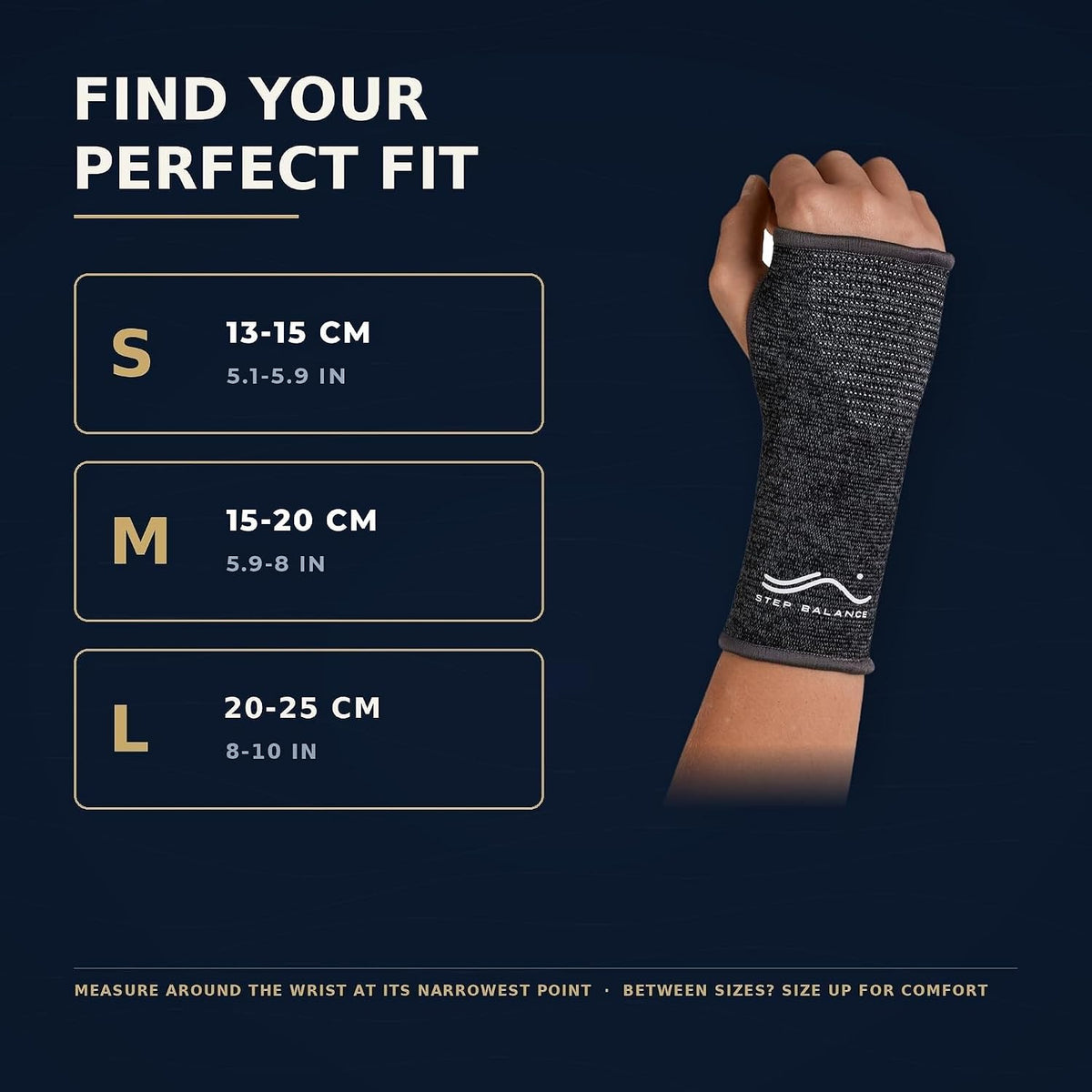 Step Balance compression wrist support, infographic: size guide